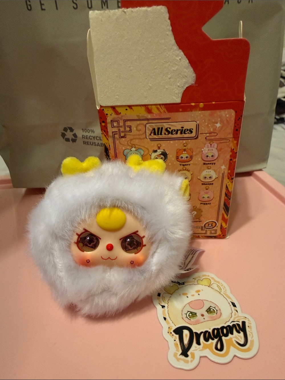 Baby three Plush Keychain - White Fuzzy Dragonry Character